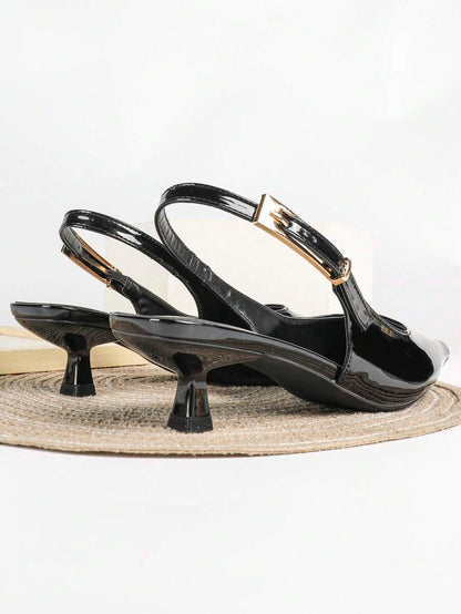 Women's Pointed Toe Slingback Mid Heel Pumps, Glossy Faux Leather Buckle Strap Kitten Heels for Work