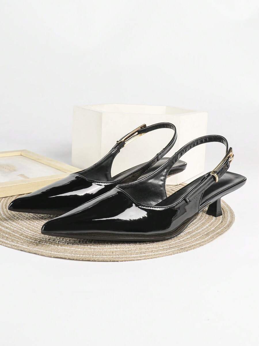 Women's Pointed Toe Slingback Mid Heel Pumps, Glossy Faux Leather Buckle Strap Kitten Heels for Work