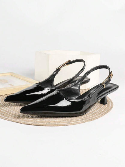 Women's Pointed Toe Slingback Mid Heel Pumps, Glossy Faux Leather Buckle Strap Kitten Heels for Work