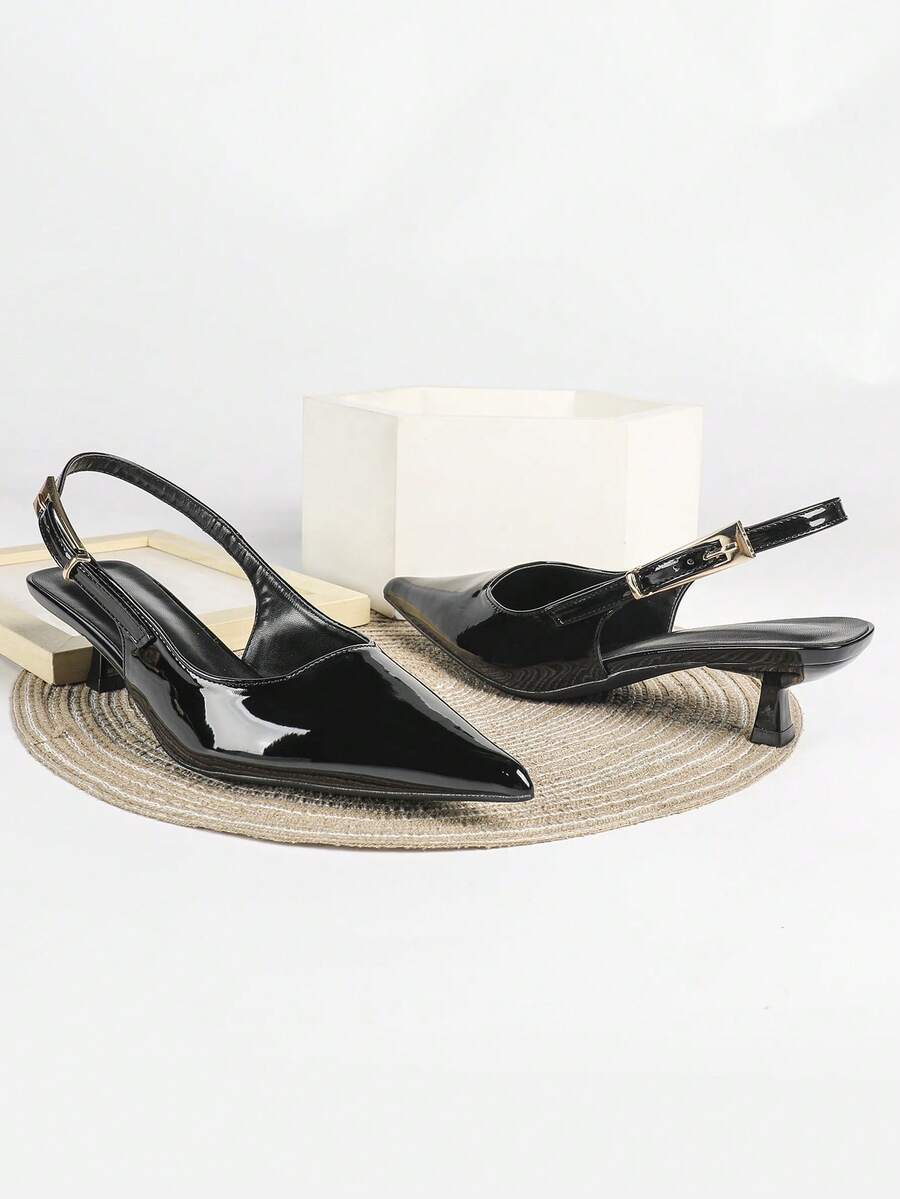 Women's Pointed Toe Slingback Mid Heel Pumps, Glossy Faux Leather Buckle Strap Kitten Heels for Work