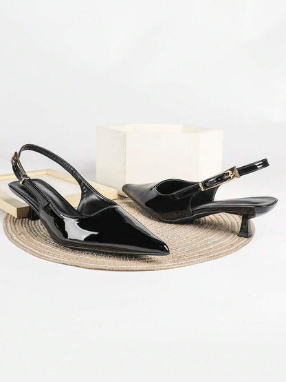 Women's Pointed Toe Slingback Mid Heel Pumps, Glossy Faux Leather Buckle Strap Kitten Heels for Work