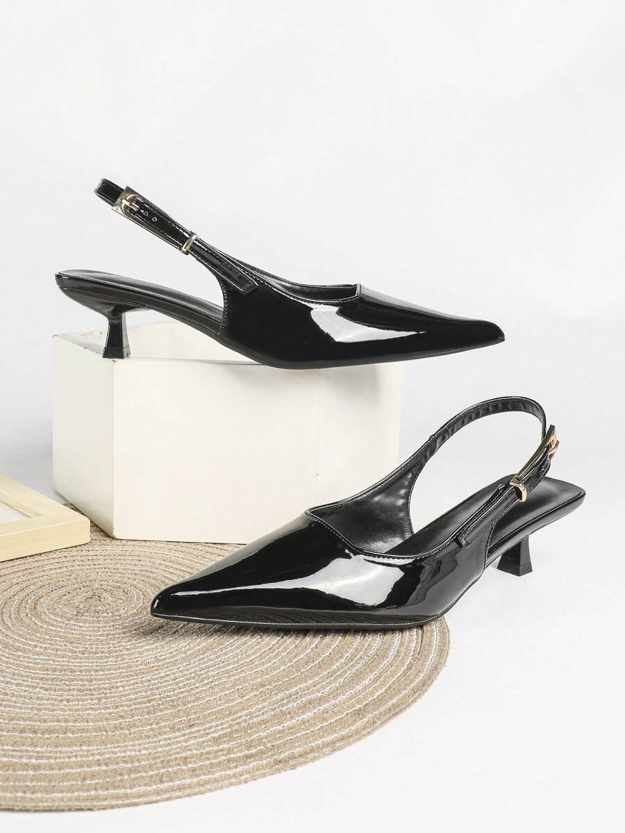 Women's Pointed Toe Slingback Mid Heel Pumps, Glossy Faux Leather Buckle Strap Kitten Heels for Work