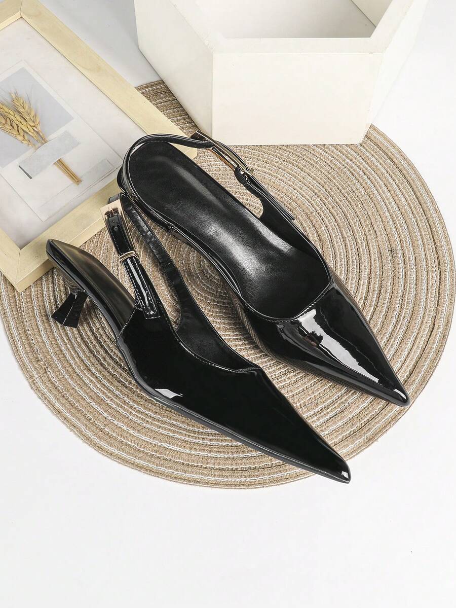 Women's Pointed Toe Slingback Mid Heel Pumps, Glossy Faux Leather Buckle Strap Kitten Heels for Work