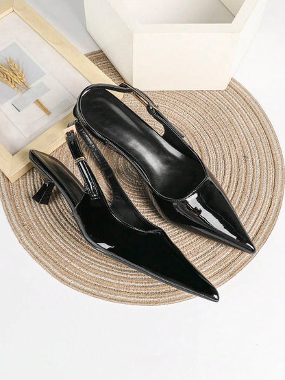 Women's Pointed Toe Slingback Mid Heel Pumps, Glossy Faux Leather Buckle Strap Kitten Heels for Work