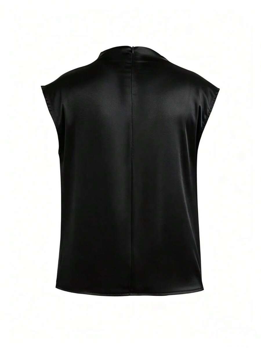 Women's Satin Cowl Neck Sleeveless Blouse, Silky Shell Top for Work and Evening - Black