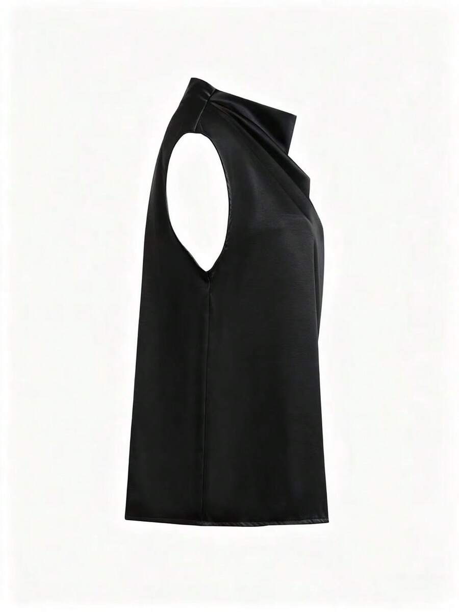 Women's Satin Cowl Neck Sleeveless Blouse, Silky Shell Top for Work and Evening - Black