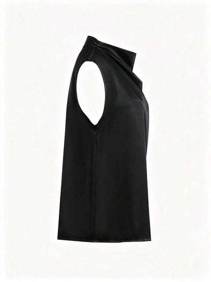 Women's Satin Cowl Neck Sleeveless Blouse, Silky Shell Top for Work and Evening - Black