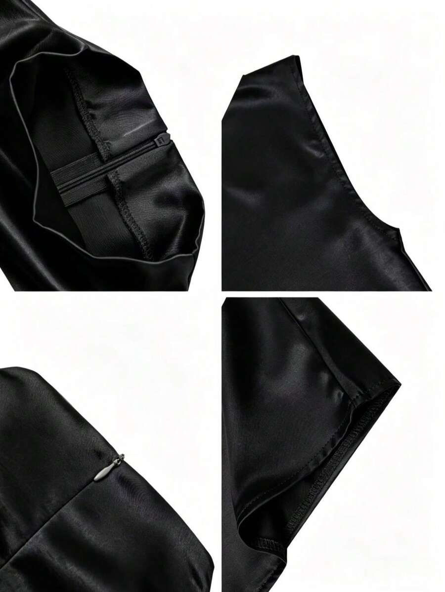 Women's Satin Cowl Neck Sleeveless Blouse, Silky Shell Top for Work and Evening - Black