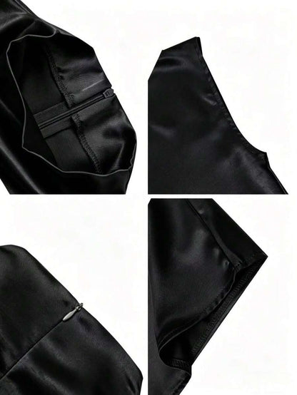 Women's Satin Cowl Neck Sleeveless Blouse, Silky Shell Top for Work and Evening - Black