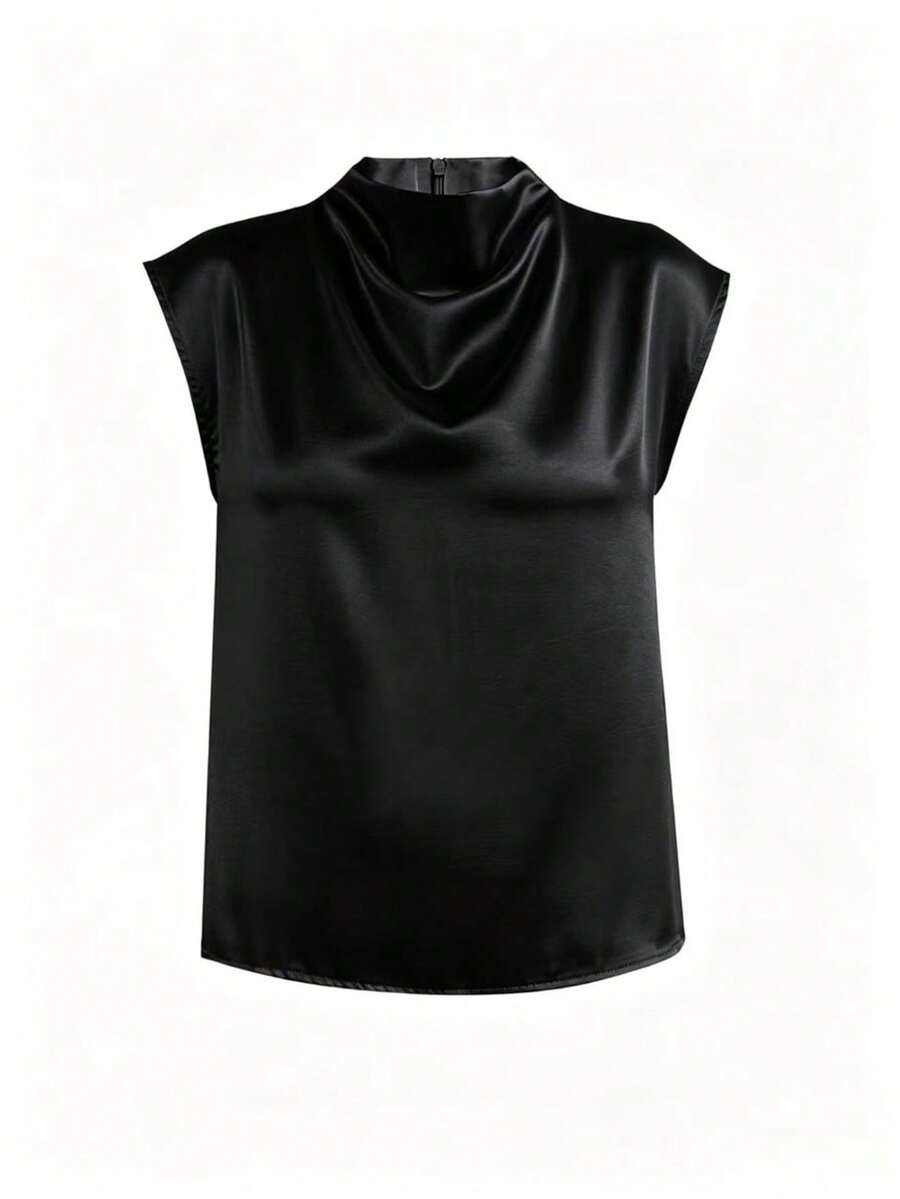 Women's Satin Cowl Neck Sleeveless Blouse, Silky Shell Top for Work and Evening - Black