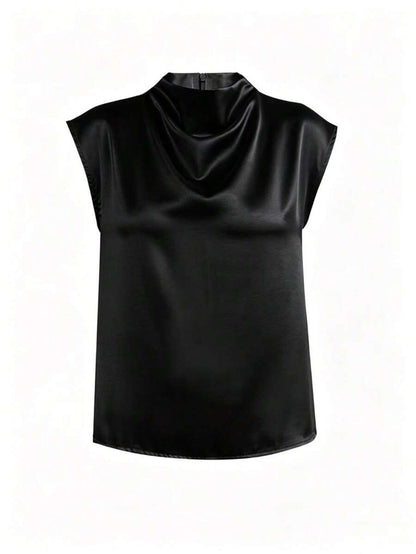 Women's Satin Cowl Neck Sleeveless Blouse, Silky Shell Top for Work and Evening - Black