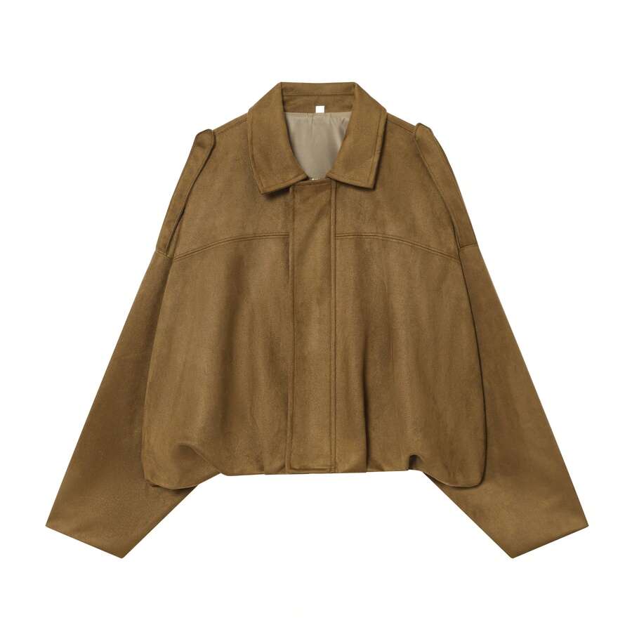 Sabrina Faux Suede Oversized Cropped Collared Jacket - Tobacco Brown