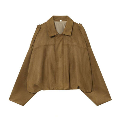 Sabrina Faux Suede Oversized Cropped Collared Jacket - Tobacco Brown
