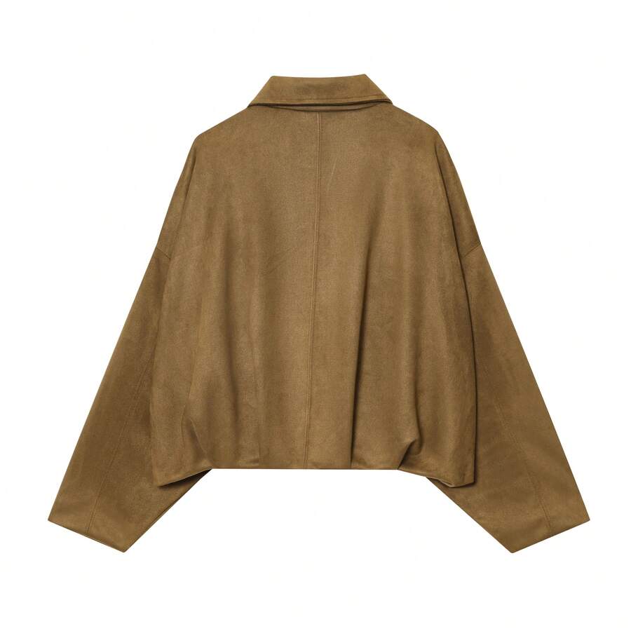 Sabrina Faux Suede Oversized Cropped Collared Jacket - Tobacco Brown