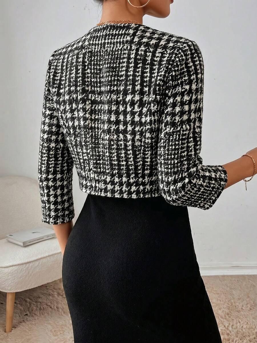 Philomena Pleated Neckline Open Front Cropped Knit Blazer - Black Tweed Check