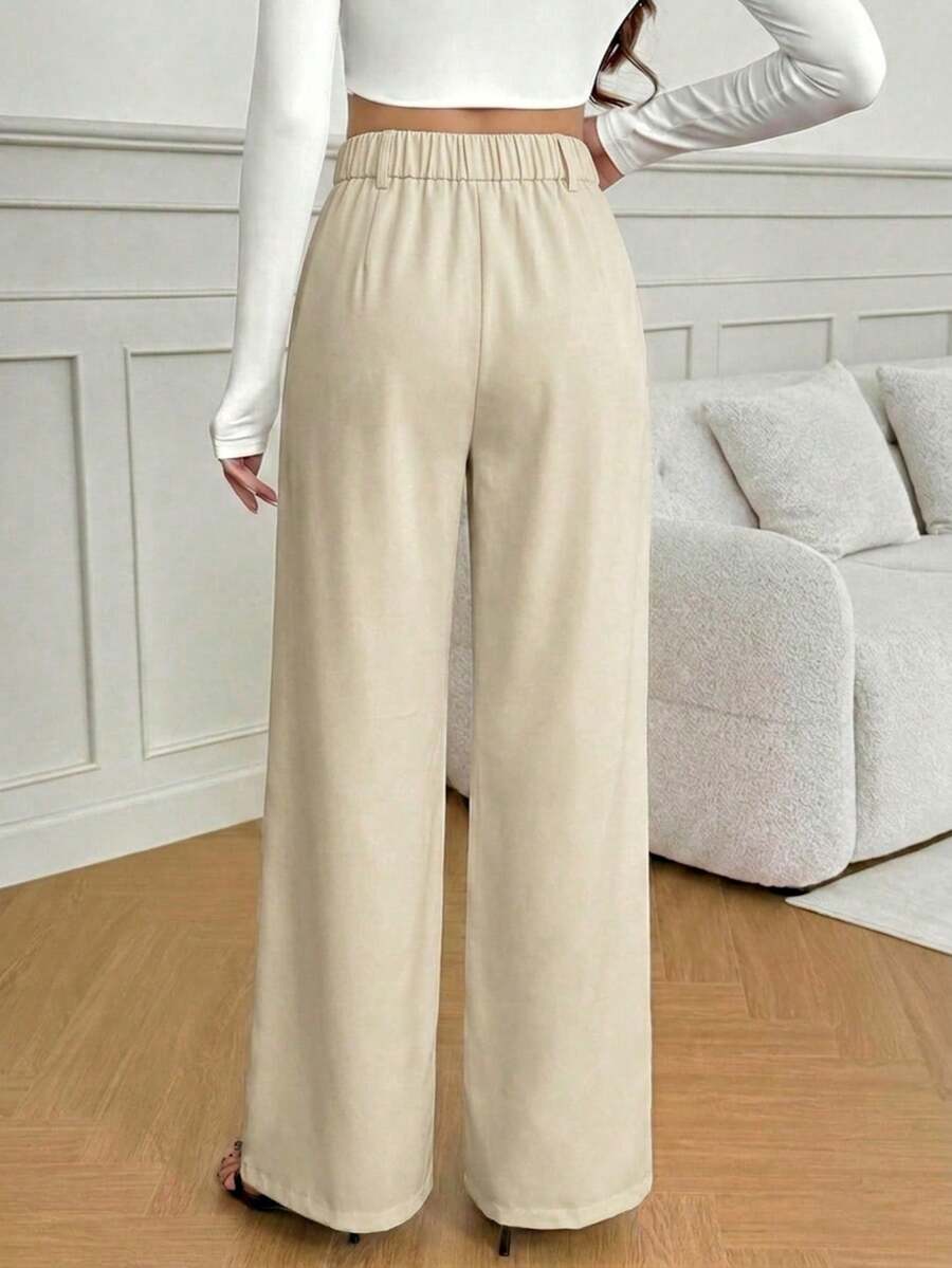 Isla High Waisted Wide Leg Pants with Pleated Front - Beige