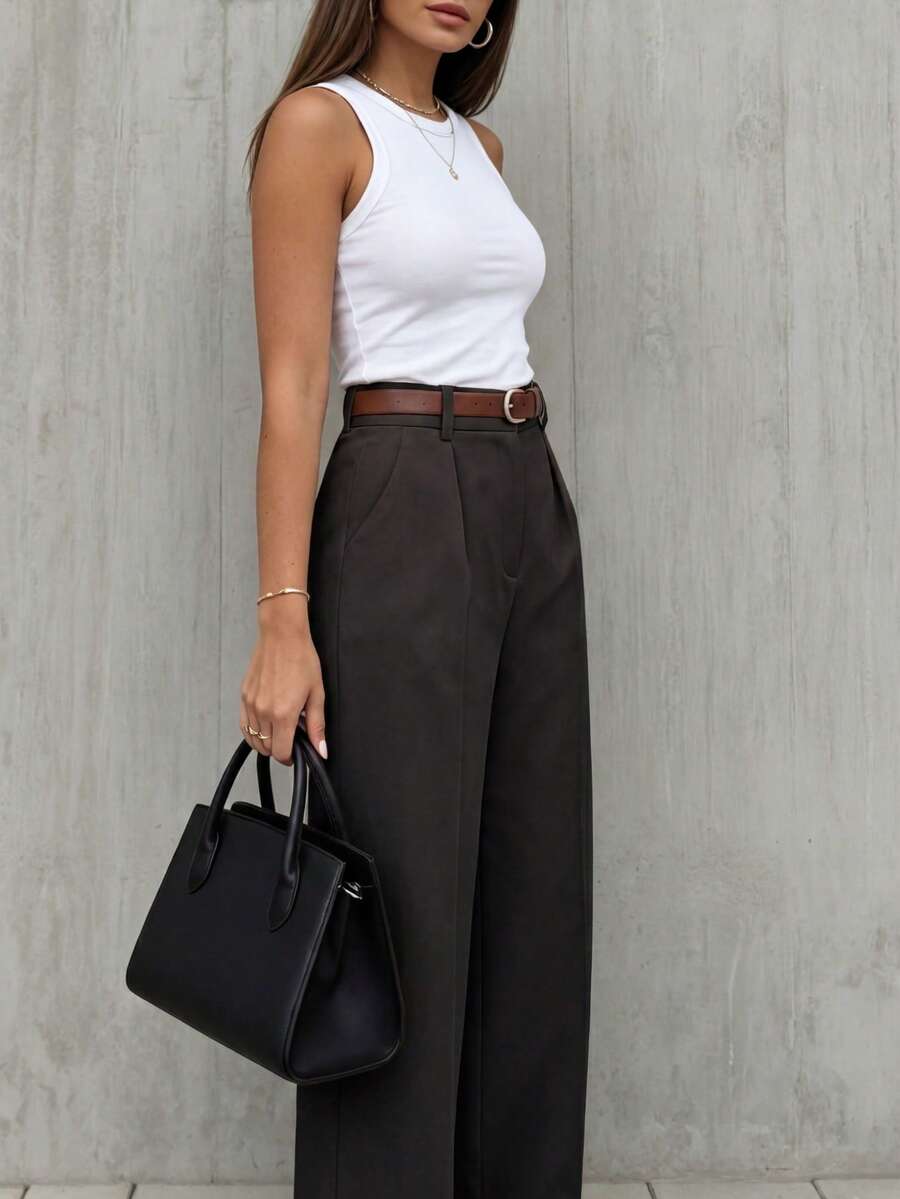 Simone High-Waist Pleated Wide-Leg Trousers with Pockets - Black