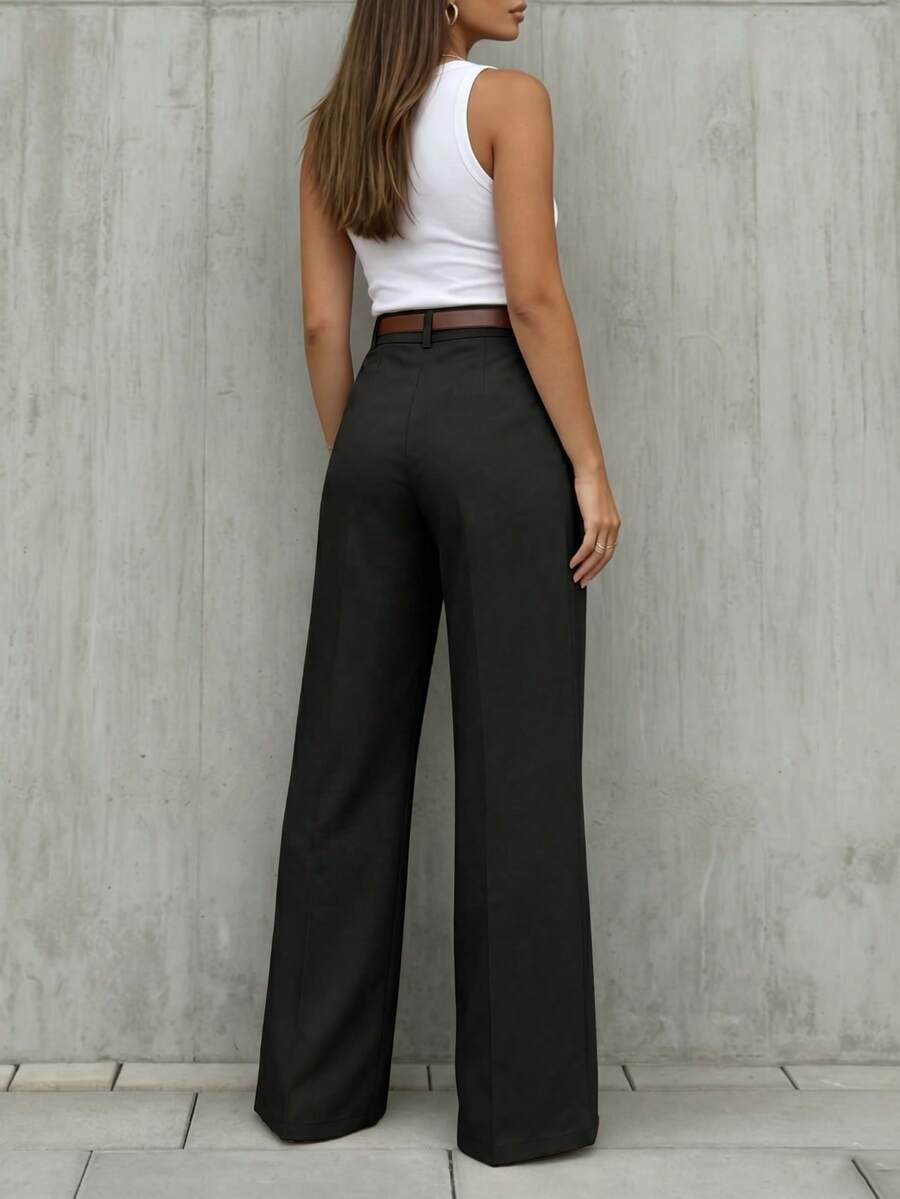 Simone High-Waist Pleated Wide-Leg Trousers with Pockets - Black