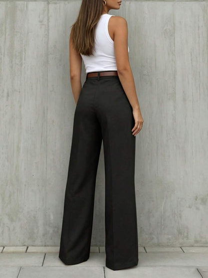 Simone High-Waist Pleated Wide-Leg Trousers with Pockets - Black