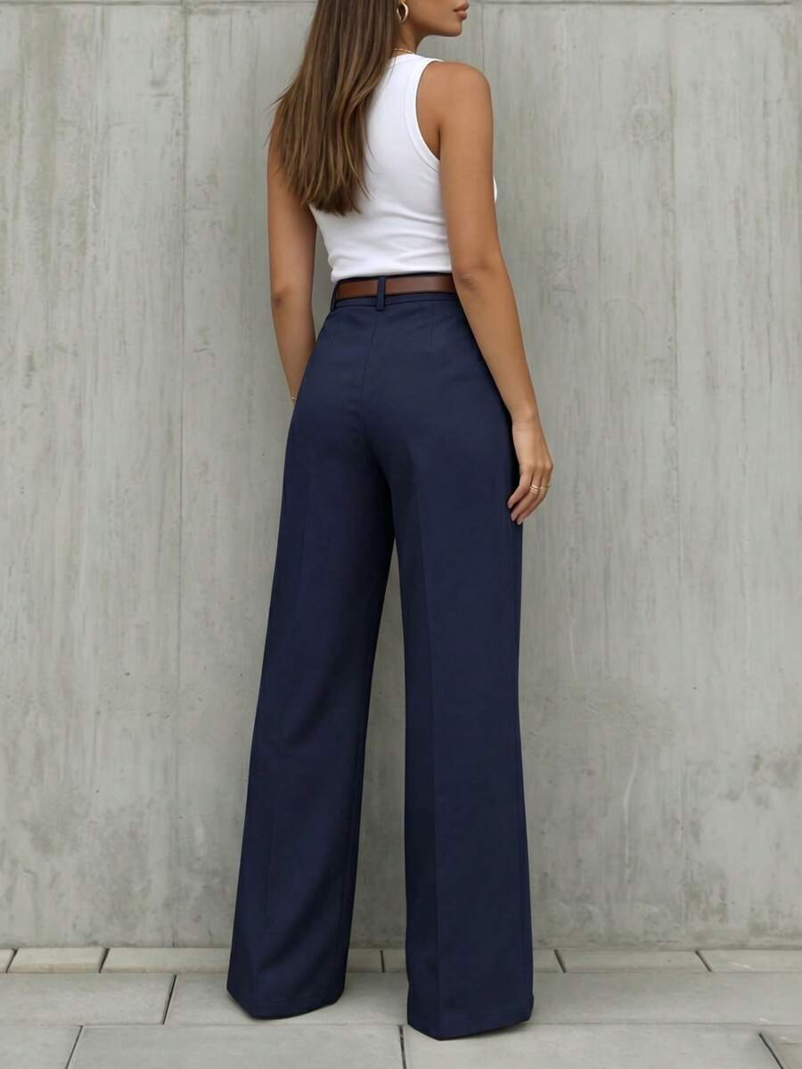 Simone High-Waist Pleated Wide-Leg Trousers with Pockets - Navy Blue