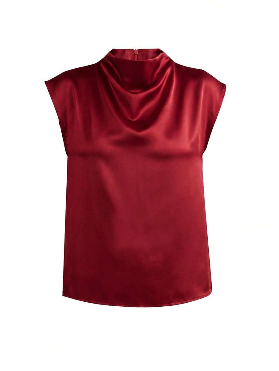 Women's Satin Cowl Neck Sleeveless Blouse, Silky Shell Top for Work and Evening - Black