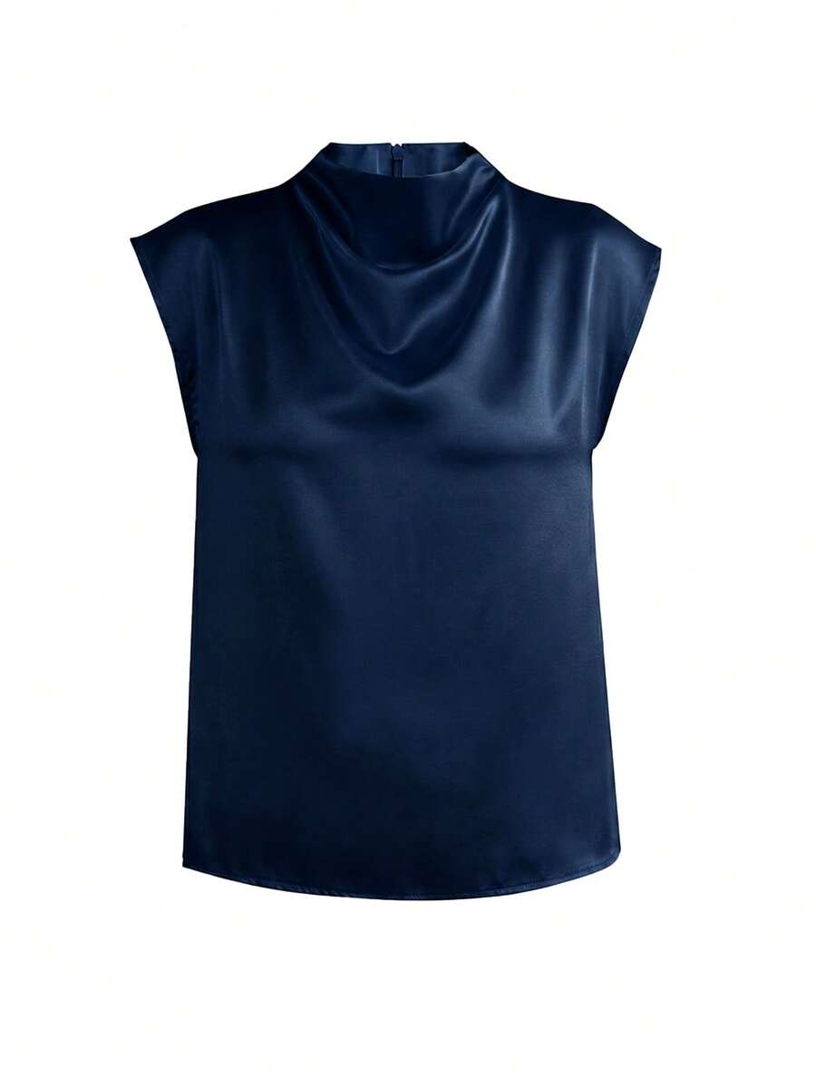 Women's Satin Cowl Neck Sleeveless Blouse, Silky Shell Top for Work and Evening - Black