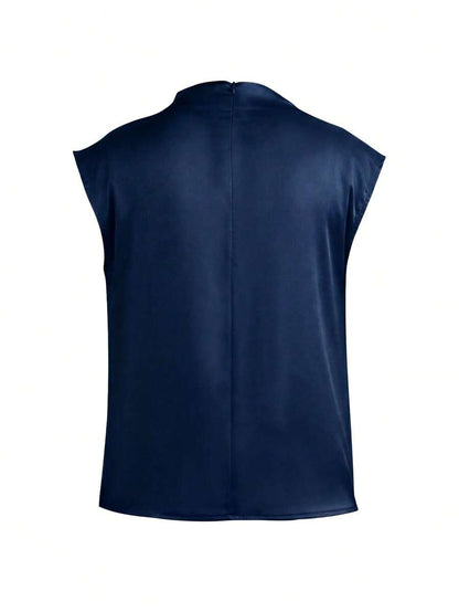 Women's Satin Cowl Neck Sleeveless Blouse, Silky Shell Top for Work and Evening - Black
