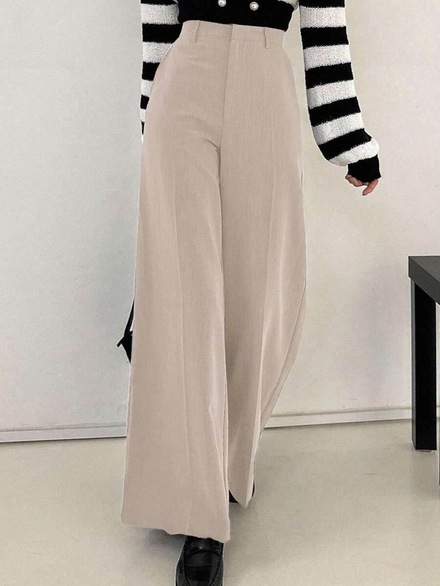 Women's Wide Leg Tailored Trousers, High Waisted Stretch Dress Pants for Work Office - Light Grey
