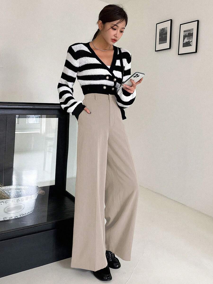 Women's Wide Leg Tailored Trousers, High Waisted Stretch Dress Pants for Work Office - Coffee Brown