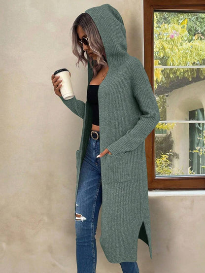 Marianne Hooded Split Hem Longline Duster Cardigan - Sage Green