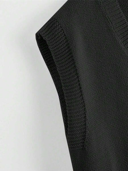 Marisa Fine Knit V-Neck Sleeveless Sweater Vest - Black