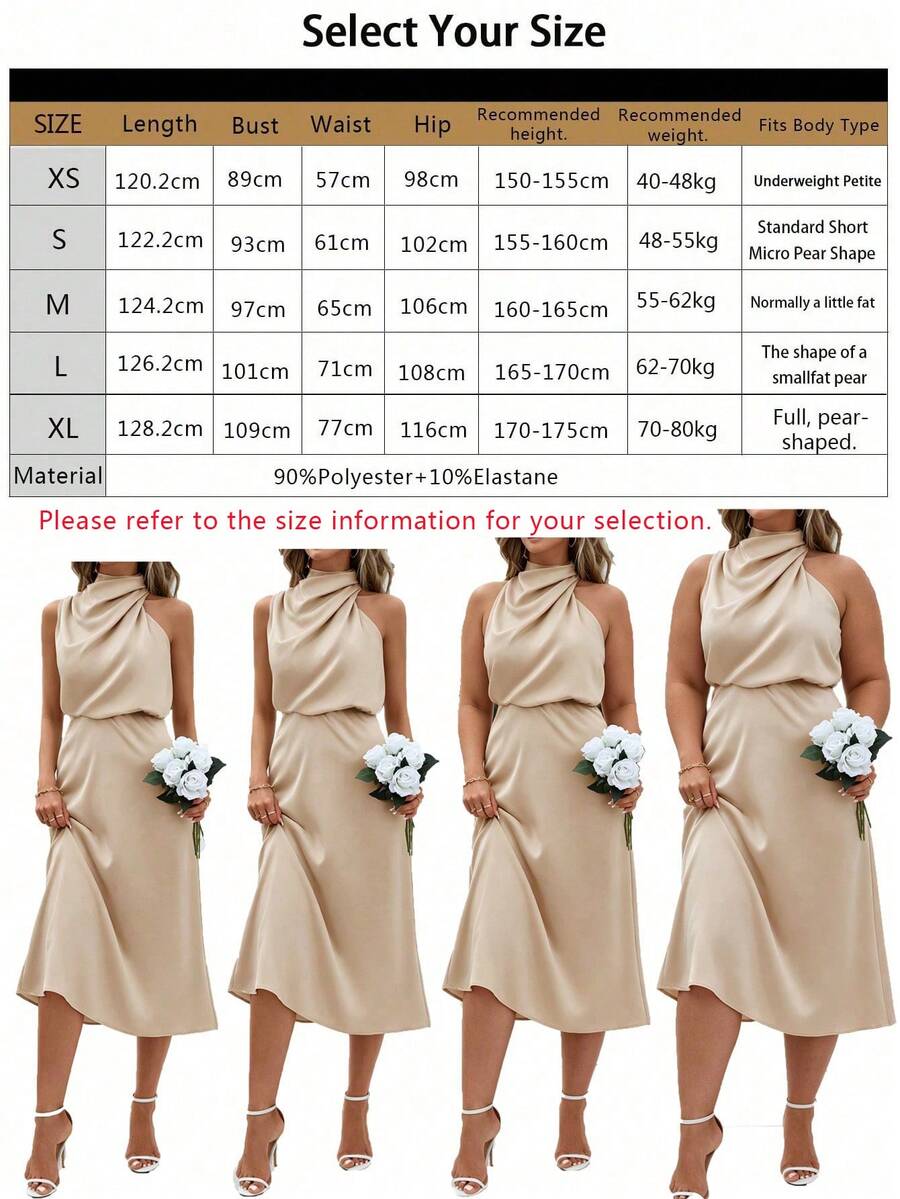 Women's Satin Cowl Neck Halter Midi Dress, Lined Silky Dress for Wedding Guest and Evening - Black