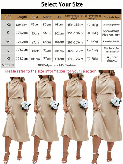 Women's Satin Cowl Neck Halter Midi Dress, Lined Silky Dress for Wedding Guest and Evening - Black