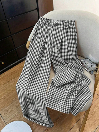Clarissa Gingham Check Elastic Waist Straight Leg Pants - Black