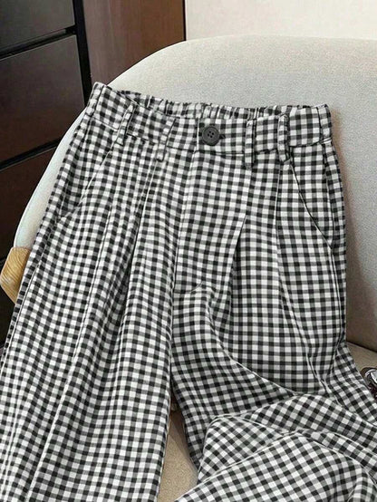 Clarissa Gingham Check Elastic Waist Straight Leg Pants - Black