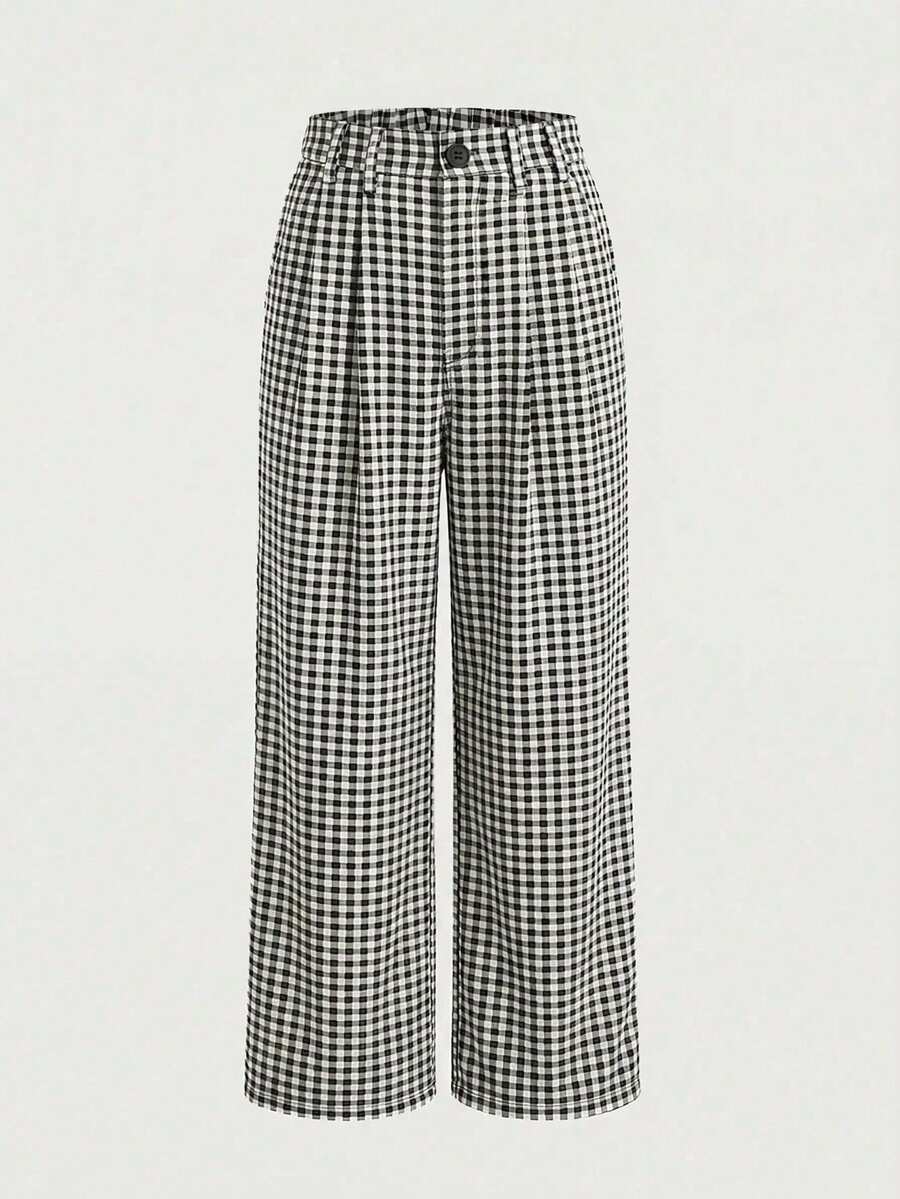 Clarissa Gingham Check Elastic Waist Straight Leg Pants - Black