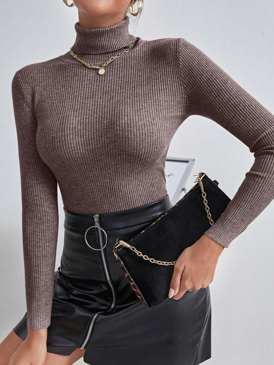 Ingrid Fitted Rib Knit Turtleneck Long Sleeve Pullover Sweater - Mocha
