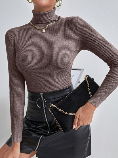 Ingrid Fitted Rib Knit Turtleneck Long Sleeve Pullover Sweater - Mocha