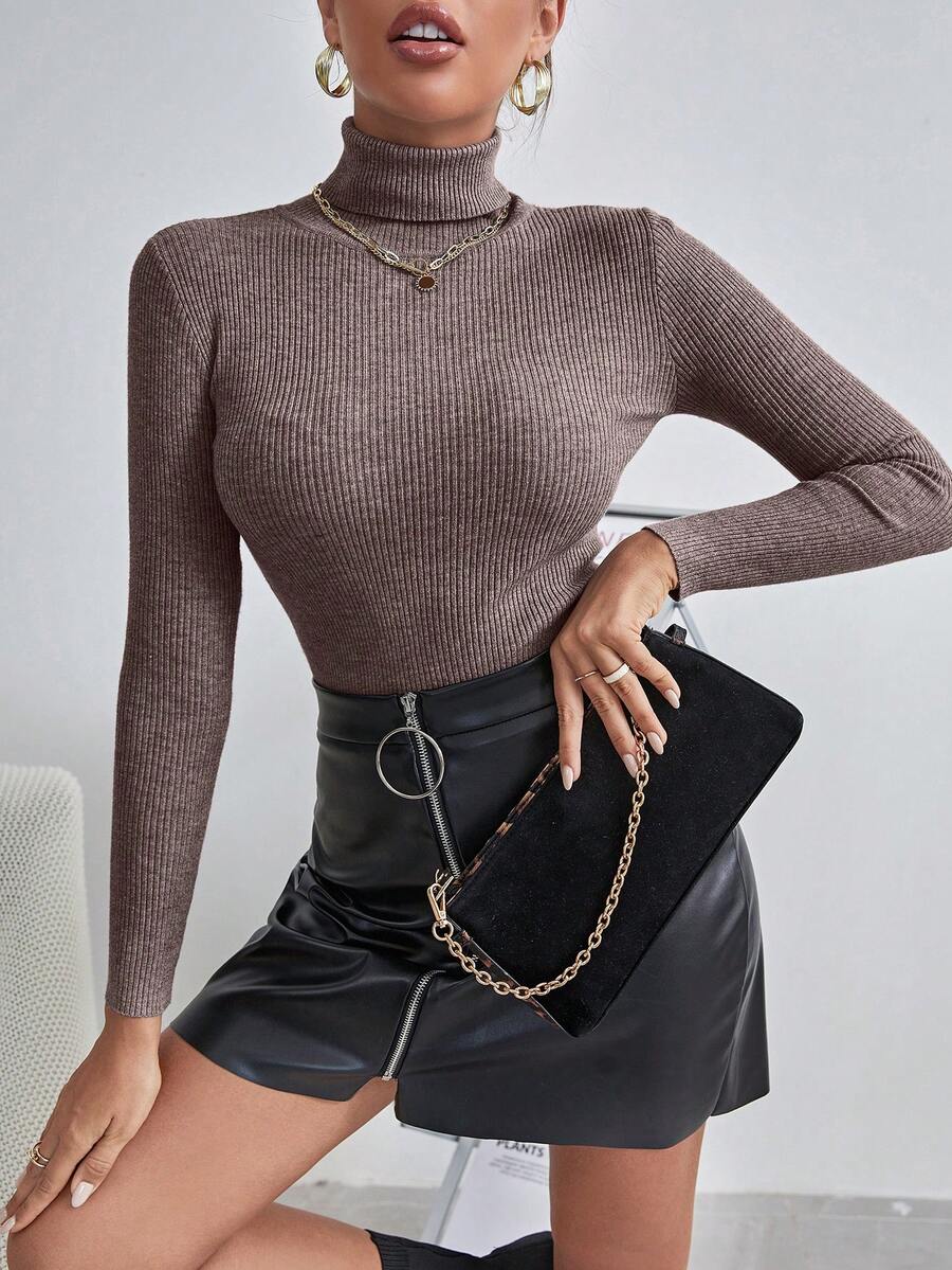 Ingrid Fitted Rib Knit Turtleneck Long Sleeve Pullover Sweater - Mocha