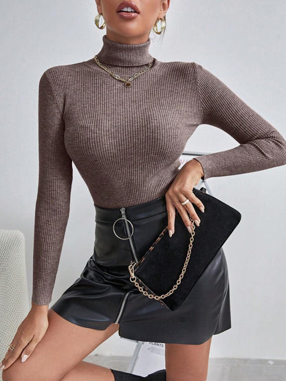 Ingrid Fitted Rib Knit Turtleneck Long Sleeve Pullover Sweater - Mocha