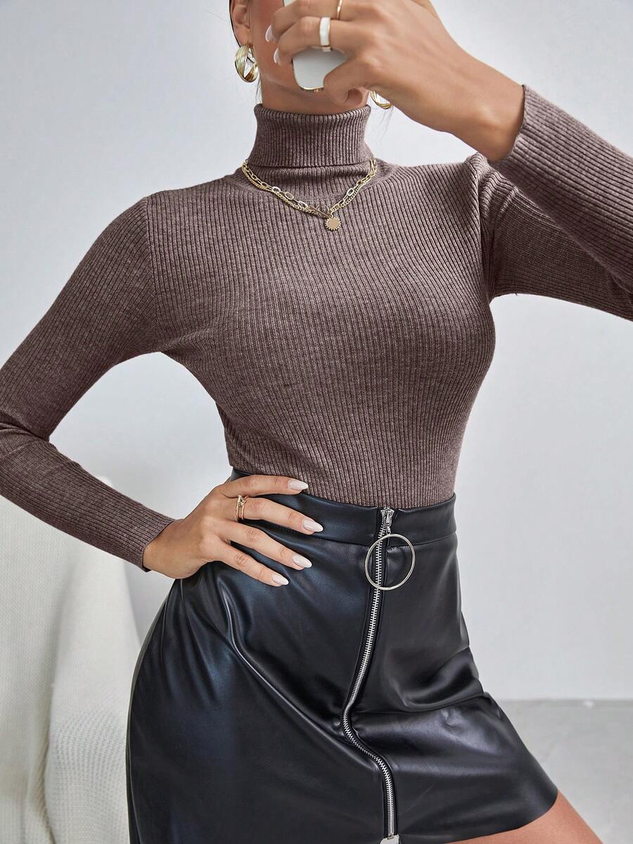 Ingrid Fitted Rib Knit Turtleneck Long Sleeve Pullover Sweater - Mocha