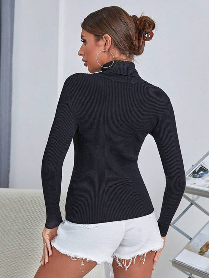 Ingrid Fitted Rib Knit Turtleneck Long Sleeve Pullover Sweater - Black