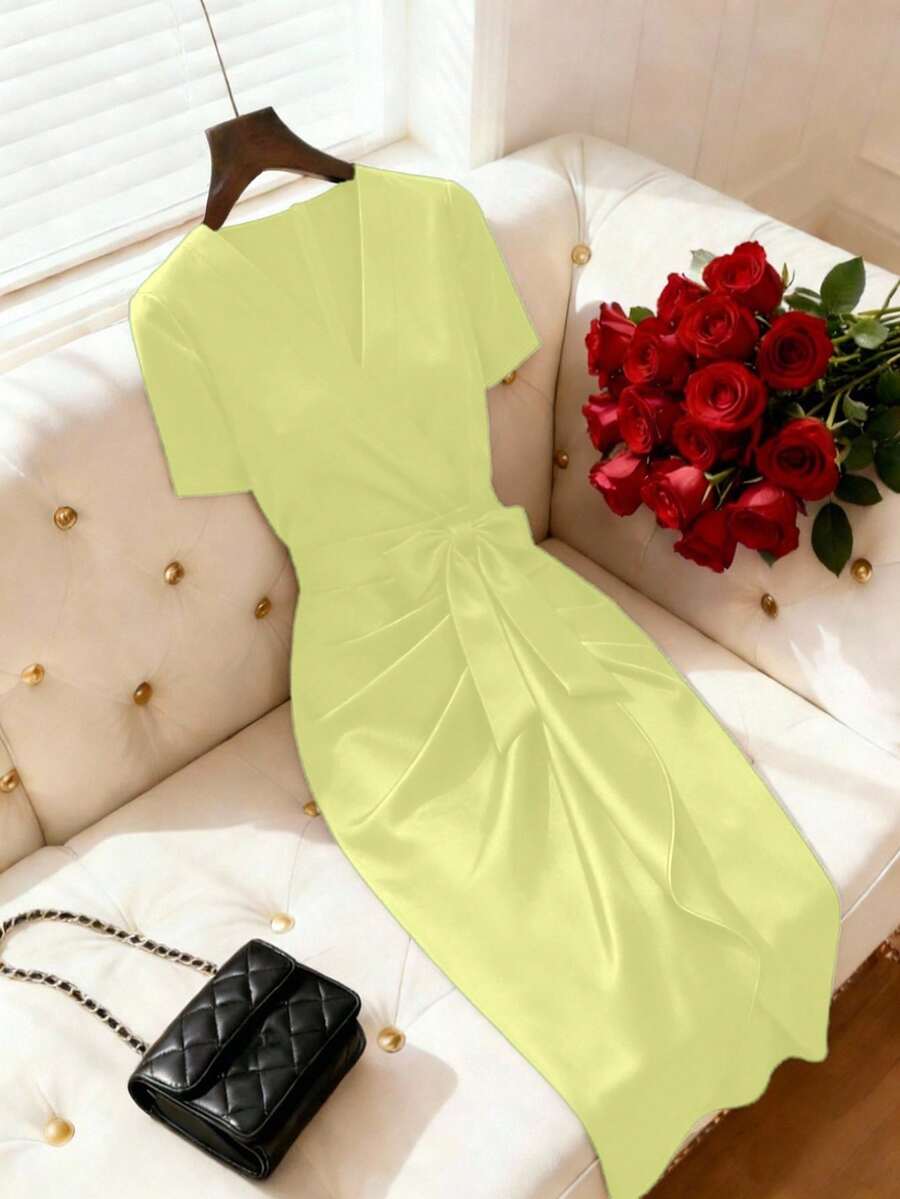 Women's Satin Wrap V-Neck Midi Dress, Silky Dress for Wedding Guest and Evening - Burgundy