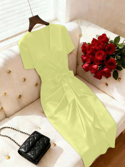 Women's Satin Wrap V-Neck Midi Dress, Silky Dress for Wedding Guest and Evening - Burgundy
