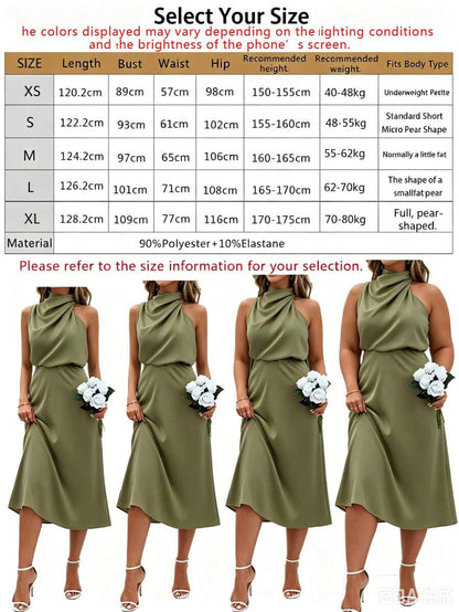 Women's Satin Cowl Neck Halter Midi Dress, Lined Silky Dress for Wedding Guest and Evening - Black