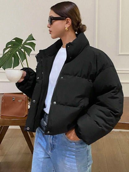 Blanche Boxy Cropped Puffer Jacket with Stand Collar and Zip - Black
