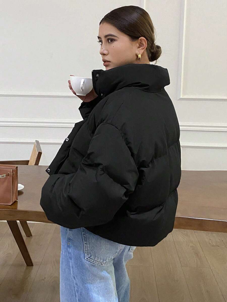 Blanche Boxy Cropped Puffer Jacket with Stand Collar and Zip - Black