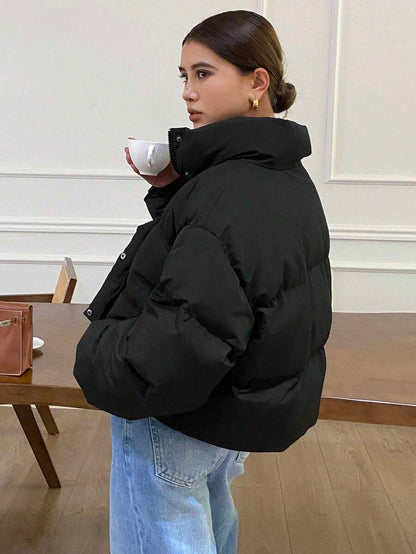 Blanche Boxy Cropped Puffer Jacket with Stand Collar and Zip - Black