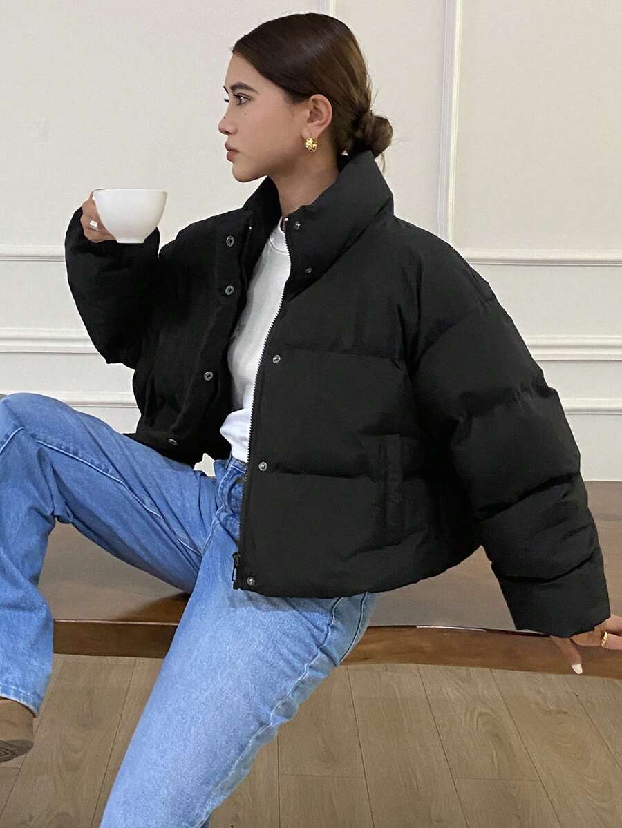 Blanche Boxy Cropped Puffer Jacket with Stand Collar and Zip - Black