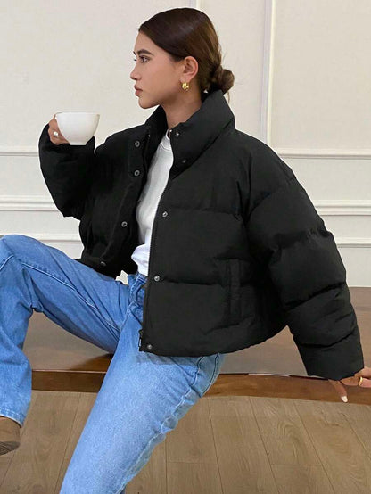Blanche Boxy Cropped Puffer Jacket with Stand Collar and Zip - Black